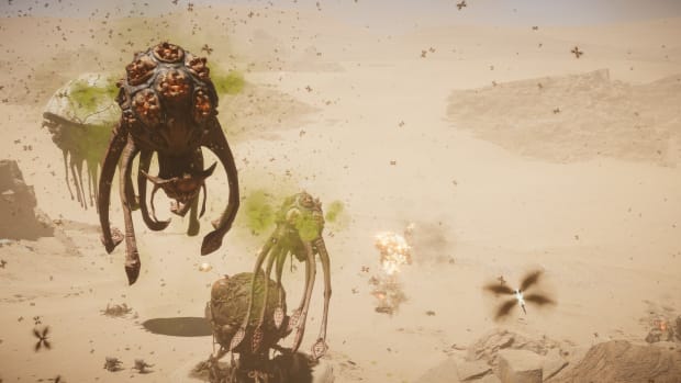 Silica screenshot showing a swarm of alien air units above a desert world.